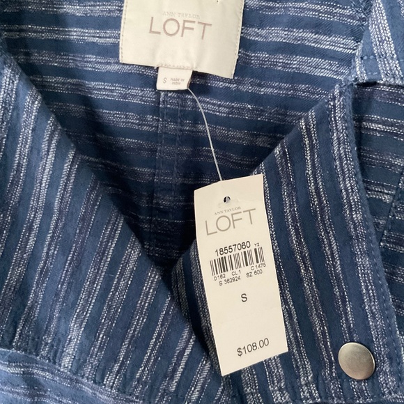 NWT Ann Taylor LOFT Denim Moto Jacket Blue Stripe Turn-up Sleeves Pockets Snaps - Picture 3 of 8